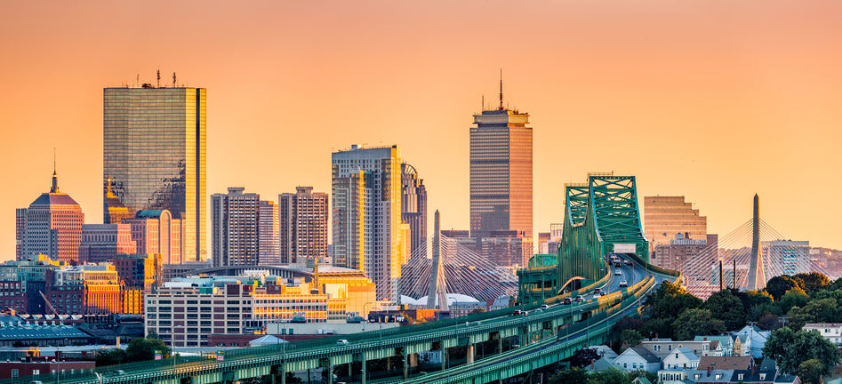 Tobin bridge, Zakim bridge and Boston skyline panorama at sunset_red