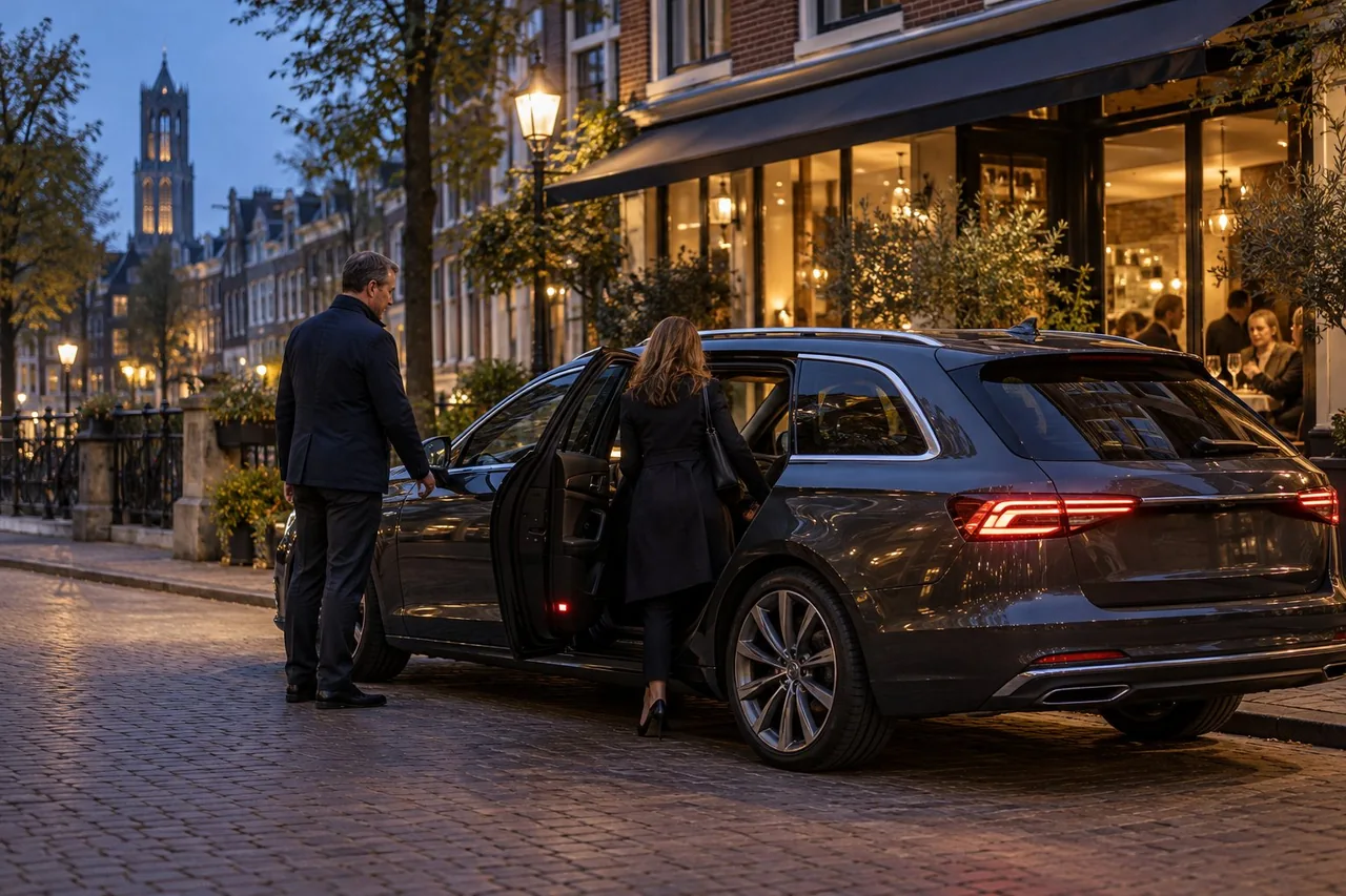 Illustratie van een chauffeur en klant bij een auto na een restaurantbezoek